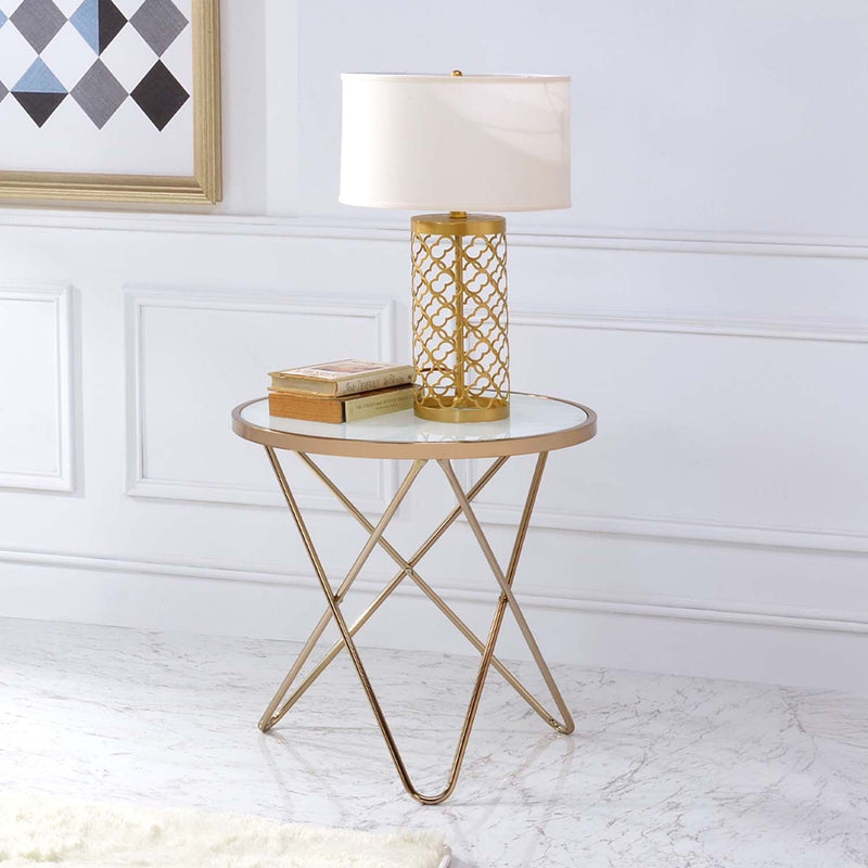 Valora End Table, Frosted Glass Top & Champagne Finish Acme