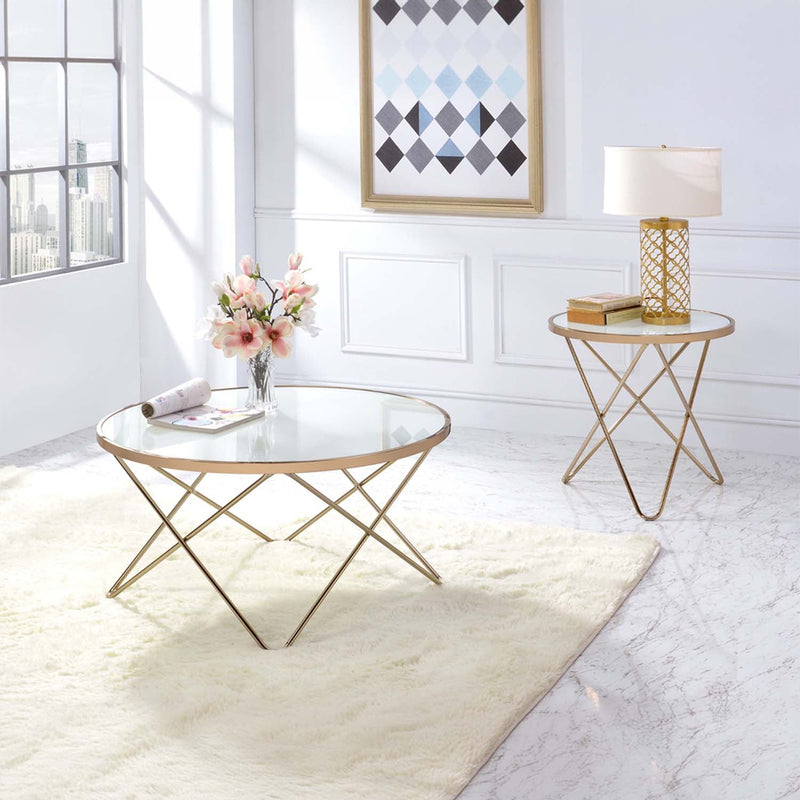 Valora End Table, Frosted Glass Top & Champagne Finish Acme