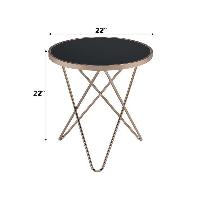 Valora End Table, Black Glass & Champagne Finish Acme