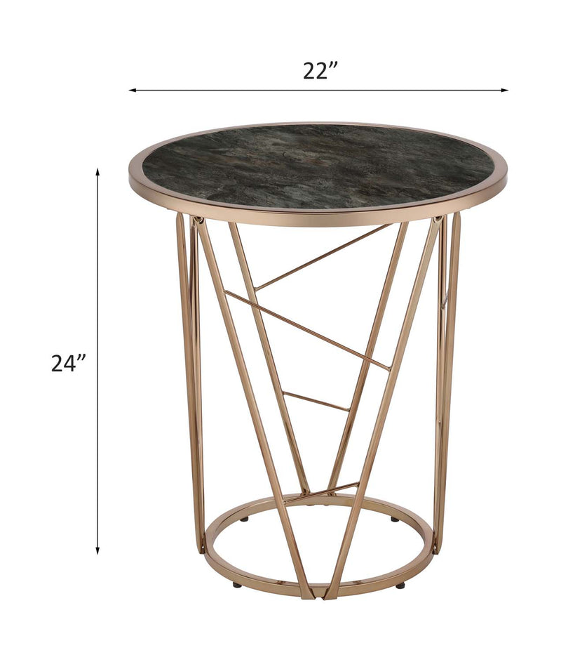Cicatrix End Table, Faux Black Marble Glass Top & Champagne Finish Acme