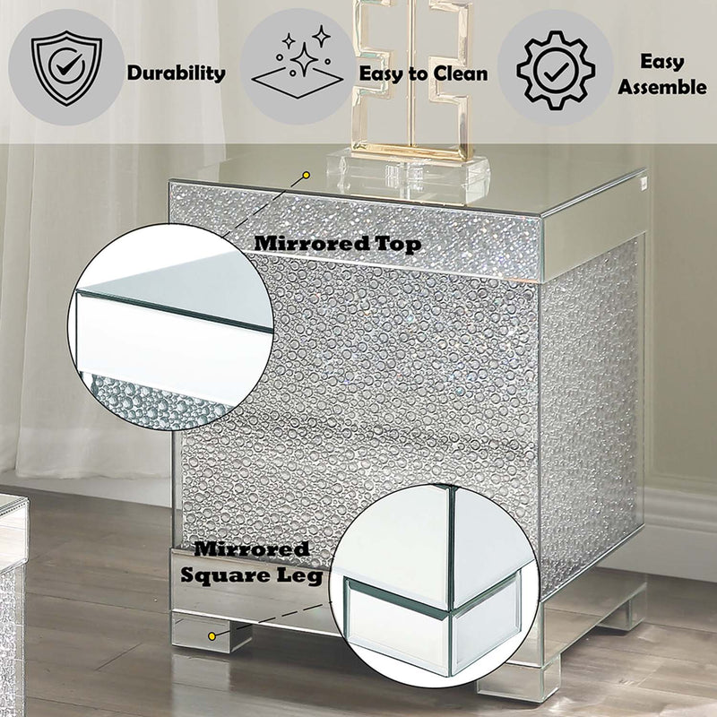Mallika End Table, Mirrored & Faux Round Crystals