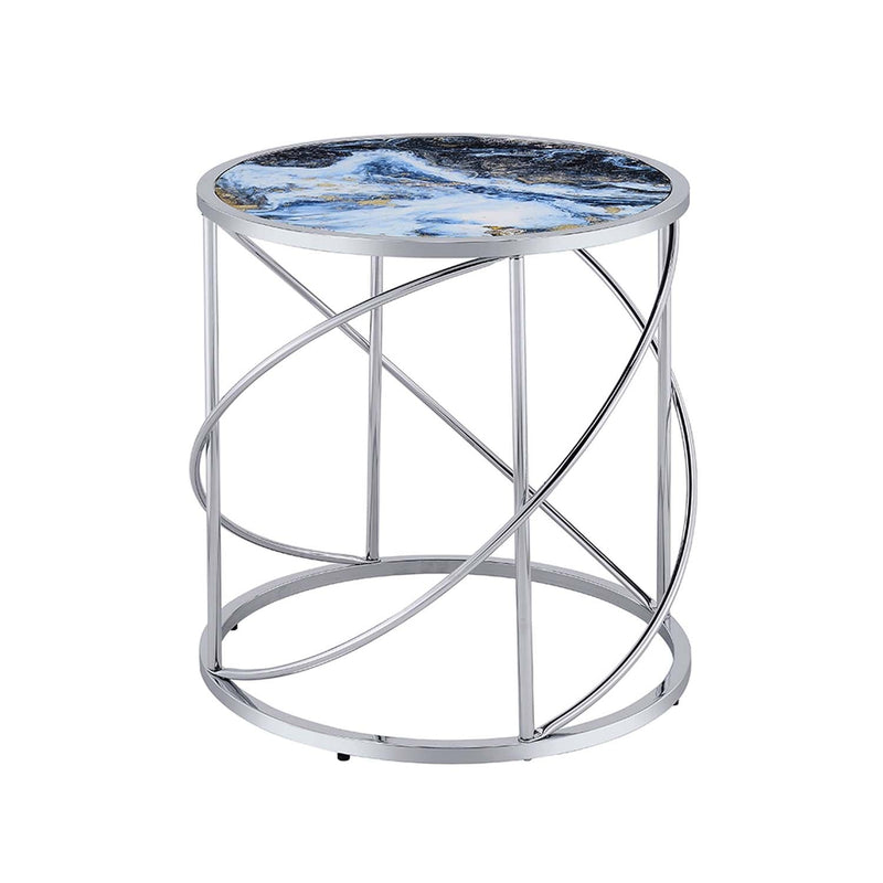 Lyda End Table, Blue Marble Print & Chrome Finish Acme