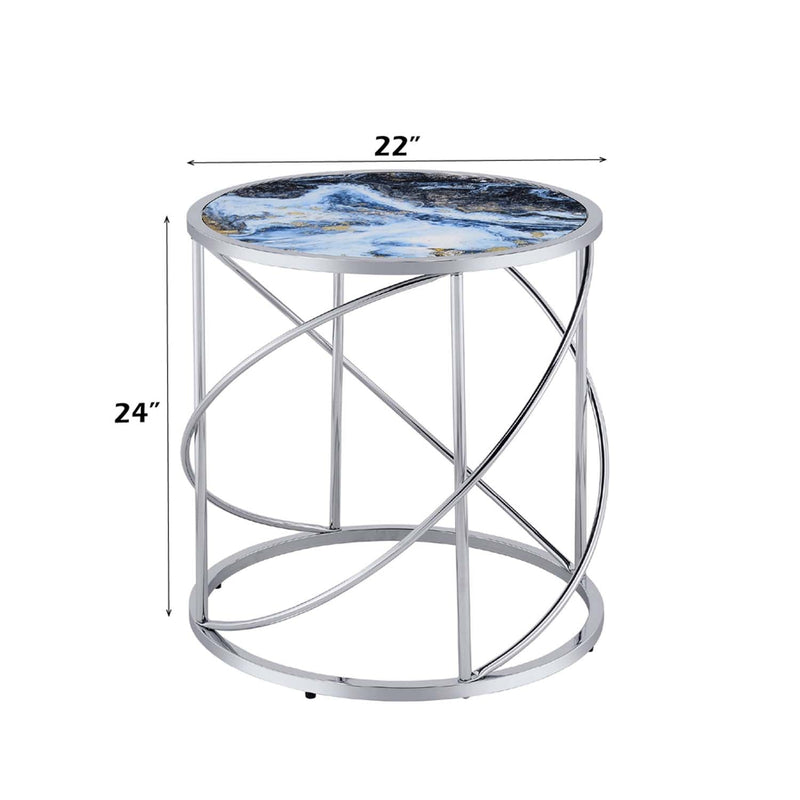 Lyda End Table, Blue Marble Print & Chrome Finish Acme