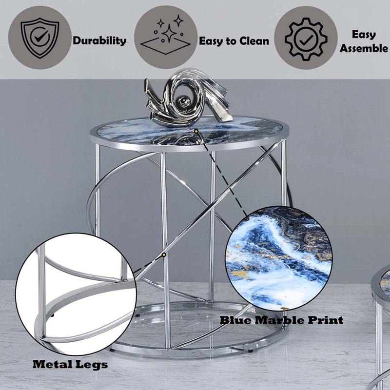 Lyda End Table, Blue Marble Print & Chrome Finish Acme