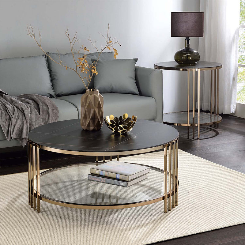 Zaidee End Table, Sintered Stone & Champagne Finish Acme