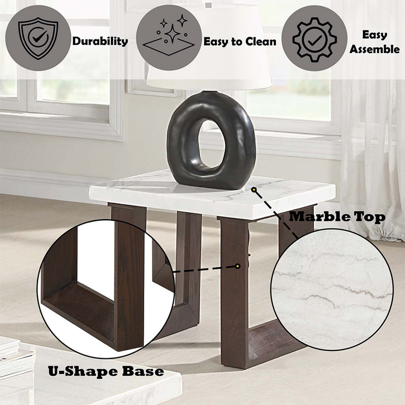 Edwyn End Table, White Natural Marble Top & Brown Finish Acme