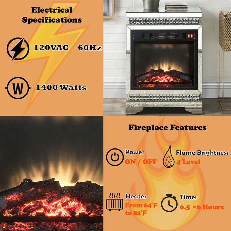 Lotus 21" Fireplace, Mirrored & Faux Ice Cube Crystals Acme