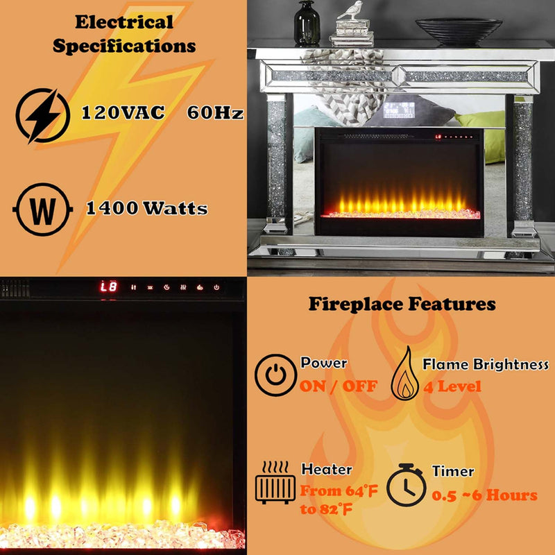 Noralie 47" Fireplace, Mirrored & Faux Diamonds Acme
