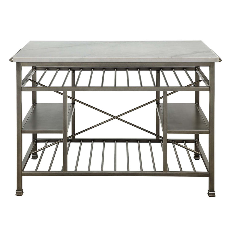 Lanzo Kitchen Island, Marble Top & Antique Pewter Finish Acme