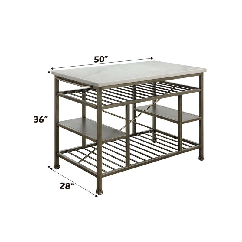 Lanzo Kitchen Island, Marble Top & Antique Pewter Finish Acme