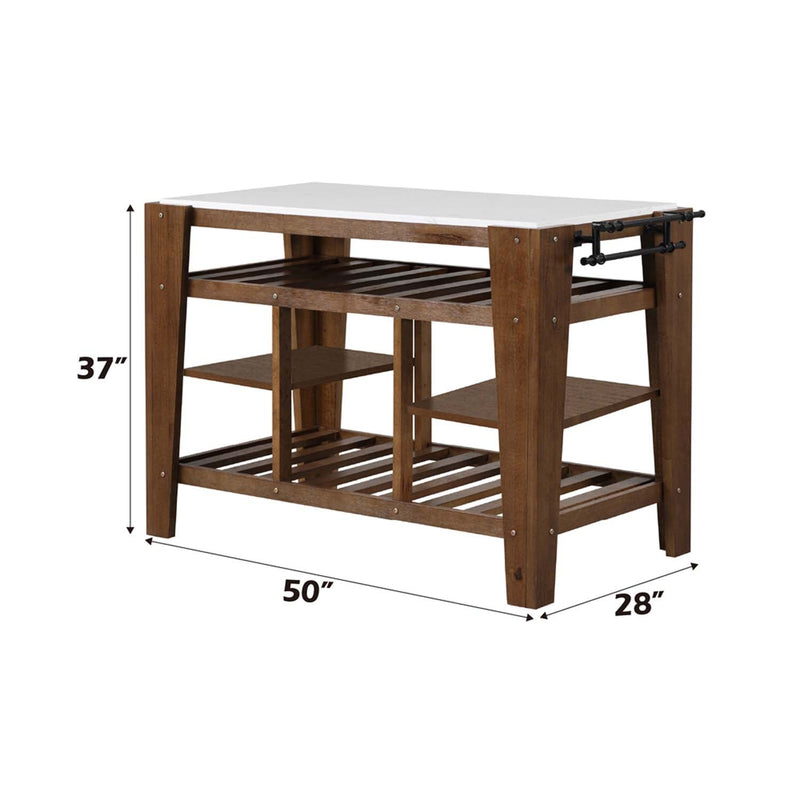 Alaroa Kitchen Island, Marble Top & Rustic Brown Finish Acme