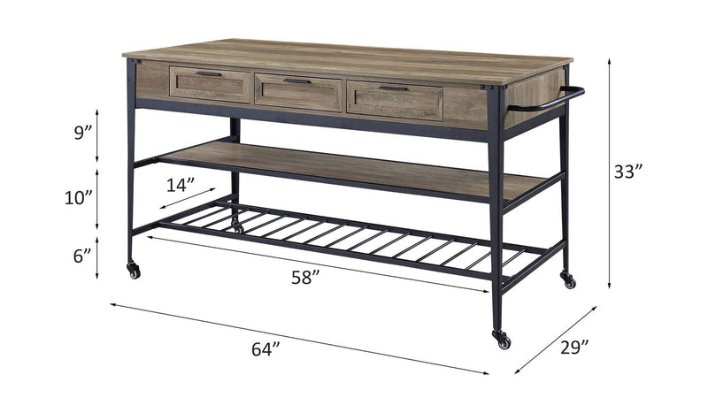 Macaria Kitchen Island, Rustic Oak & Black Finish Acme