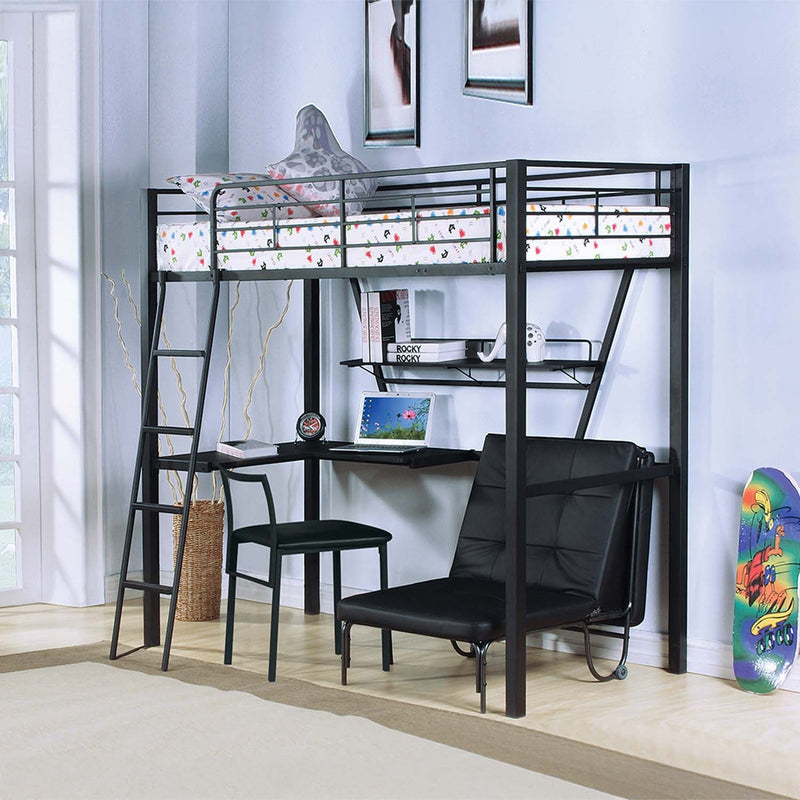 Senon Twin Loft Bed w/Desk, Silver & Black Finish Acme
