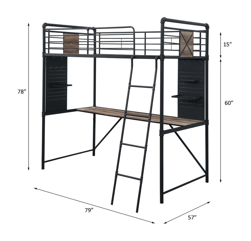 Cordelia Twin Loft Bed w/Desk, Antique Oak, Sandy Black & Dark Bronze Acme