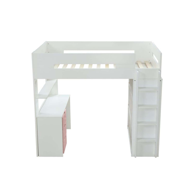Nerice 3Pcs Twin Loft Bed w/Desk & Wardrobe, White & Pink Finish Acme