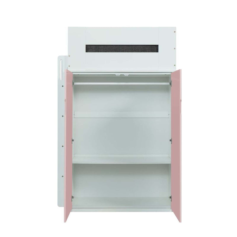 Nerice 3Pcs Twin Loft Bed w/Desk & Wardrobe, White & Pink Finish Acme
