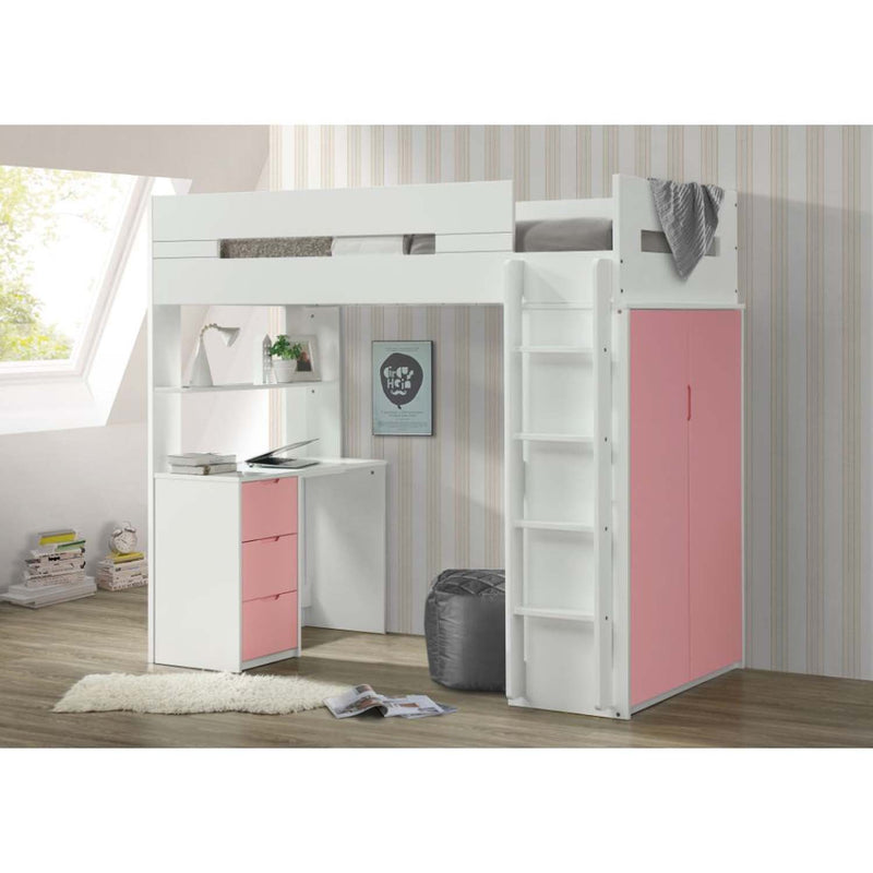Nerice 3Pcs Twin Loft Bed w/Desk & Wardrobe, White & Pink Finish Acme