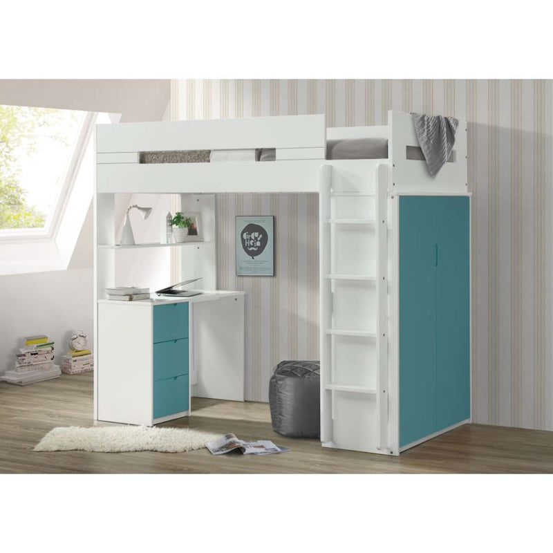 Nerice 3Pcs Twin Loft Bed w/Desk & Wardrobe, White & Teal Finish Acme