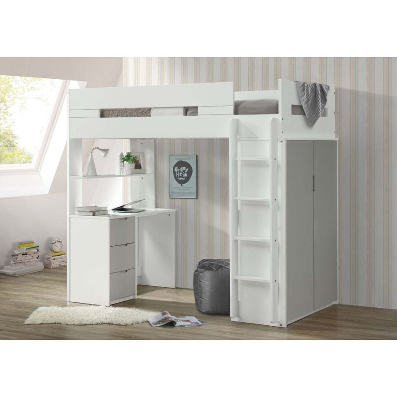 Nerice 3Pcs Twin Loft Bed w/Desk & Wardrobe, White & Gray Finish Acme