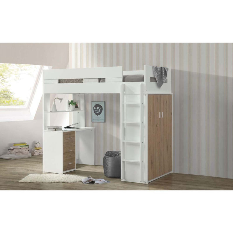 Nerice 3Pcs Twin Loft Bed w/Desk & Wardrobe, White & Oak Finish Acme