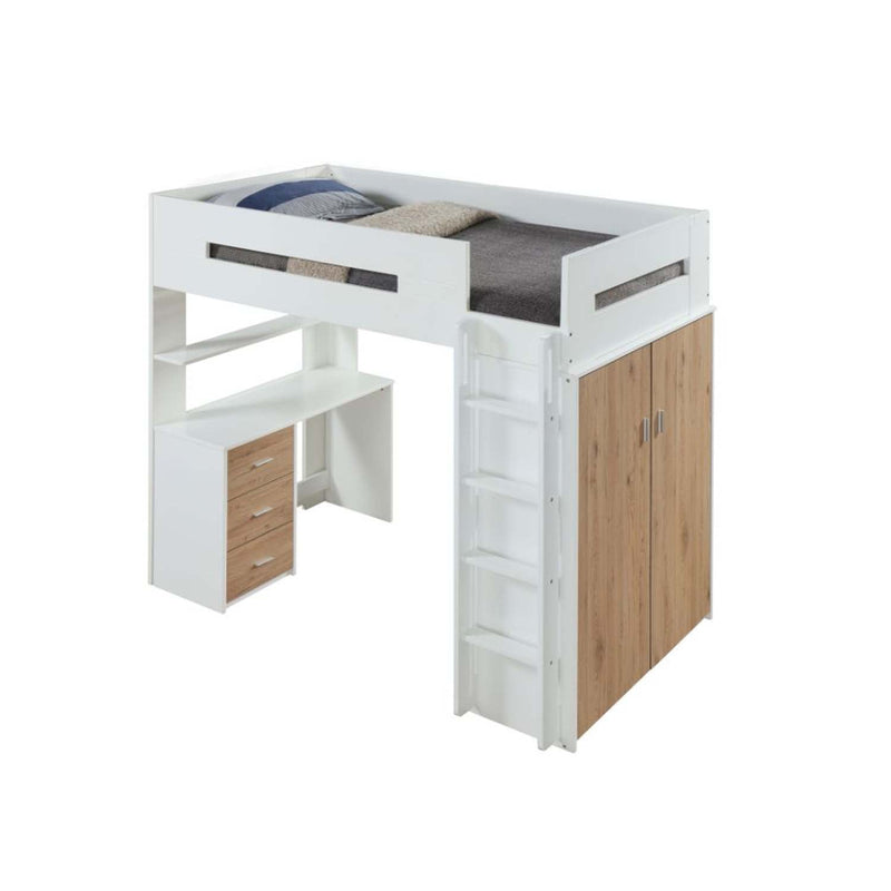 Nerice 3Pcs Twin Loft Bed w/Desk & Wardrobe, White & Oak Finish Acme