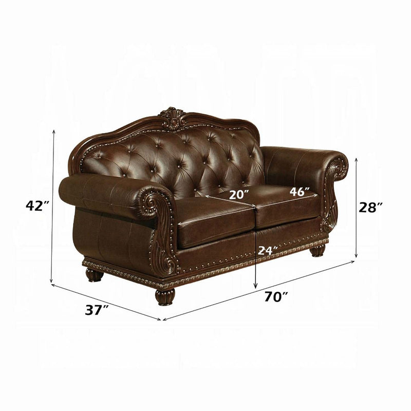 Anondale 70" Loveseat, Espresso Top Grain Leather Match & Cherry Finish Acme