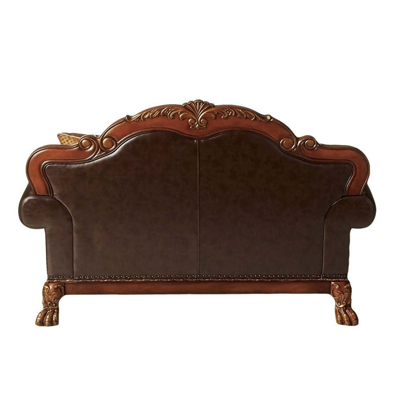 Dresden 67" Loveseat w/2 Pillows, Brown Faux Leather & Chenille, Cherry Oak Acme