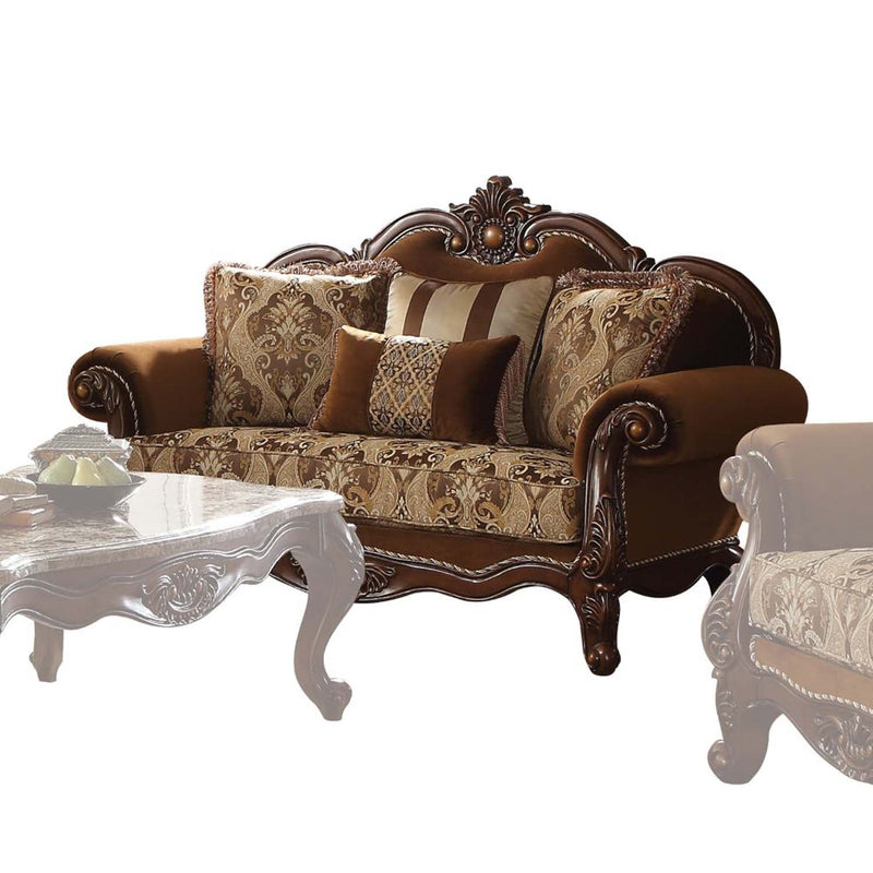 Jardena 69" Loveseat w/4 Pillows, Pattern Fabric & Cherry Oak Finish Acme