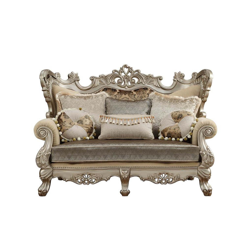 Ranita 72" Loveseat w/6 Pillows, Fabric & Champagne Finish Acme