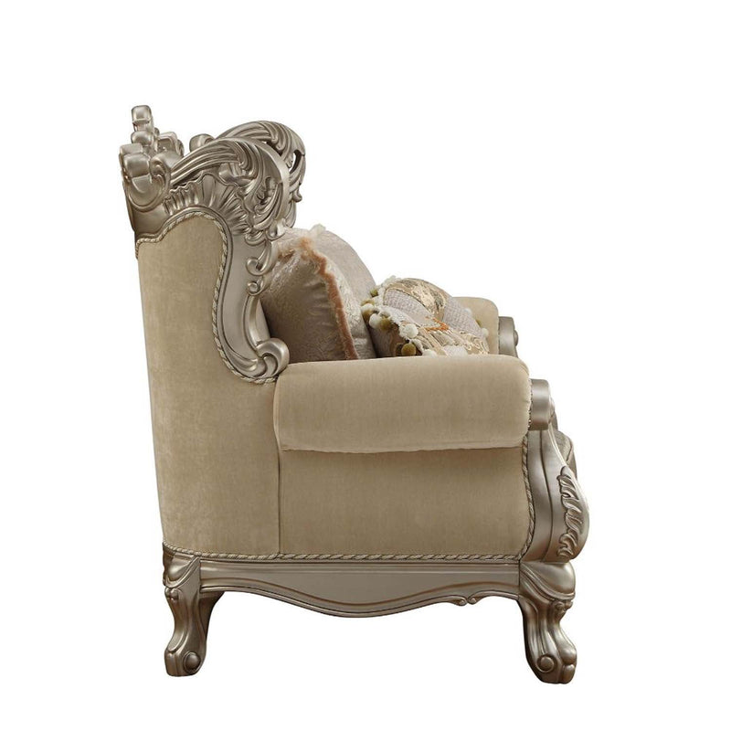 Ranita 72" Loveseat w/6 Pillows, Fabric & Champagne Finish Acme