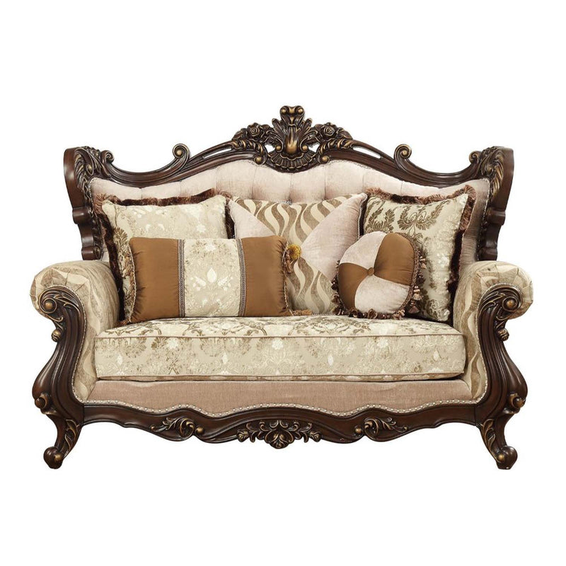 Shalisa 70" Loveseat w/5 Pillows, Fabric & Walnut Finish Acme