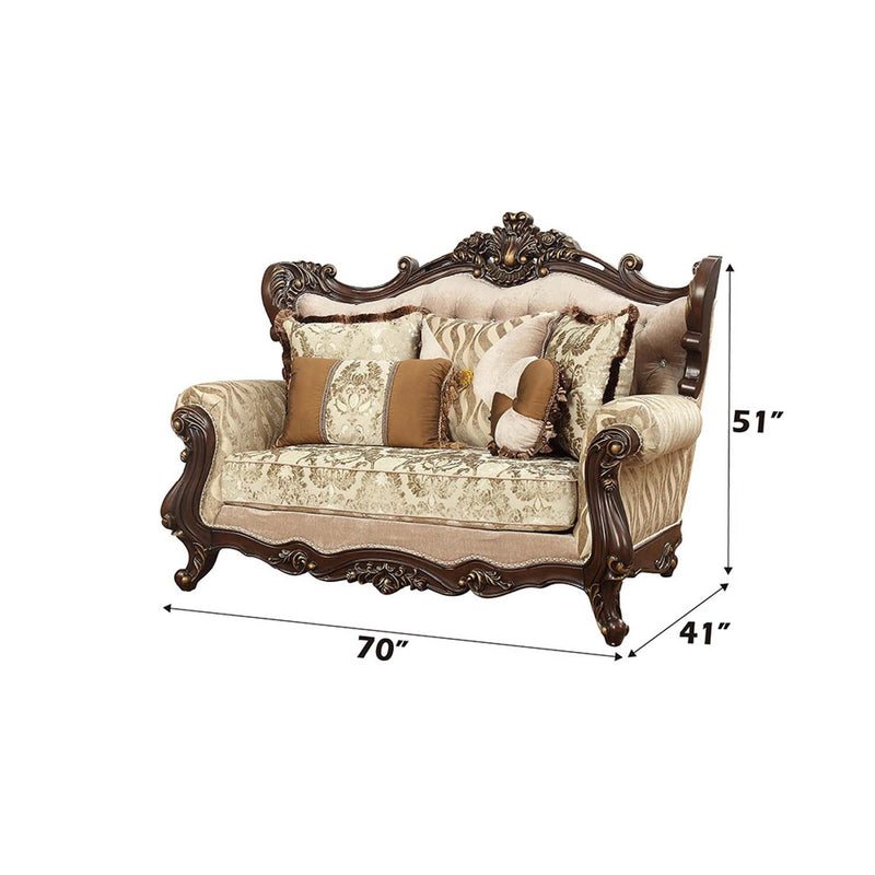 Shalisa 70" Loveseat w/5 Pillows, Fabric & Walnut Finish Acme