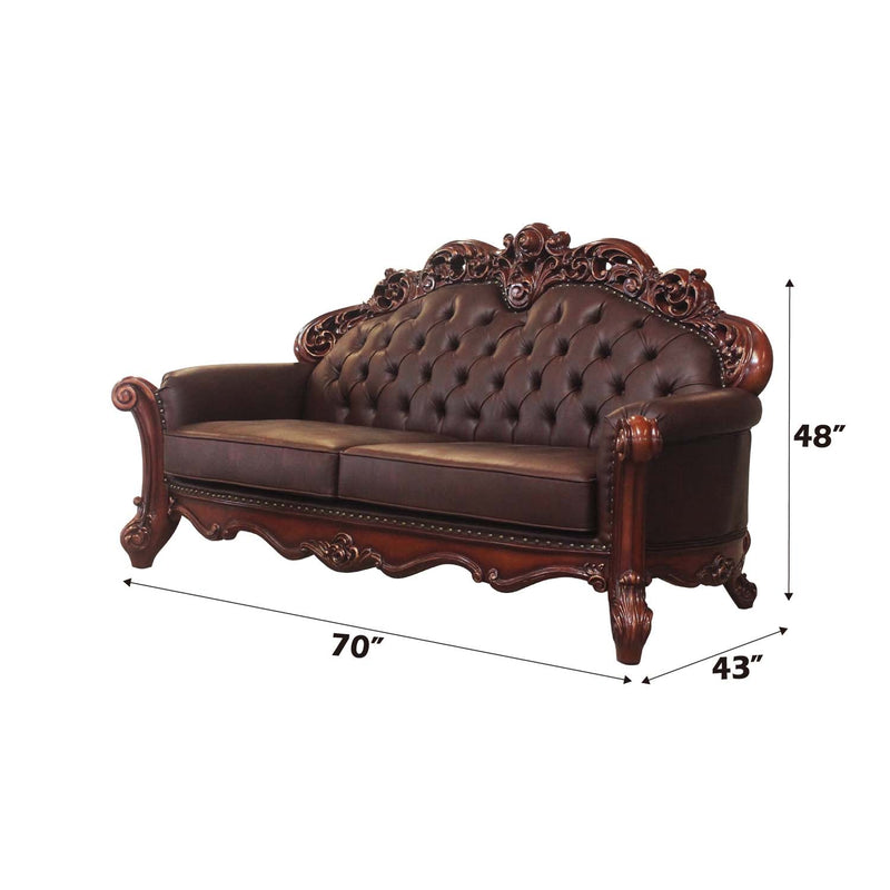 Vendome 70" Loveseat w/3 Pillows, Cherry Faux Leather & Cherry Finish Acme