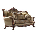 Latisha 74" Loveseat w/6 Pillows, Tan, Pattern Fabric & Antique Oak Finish Acme