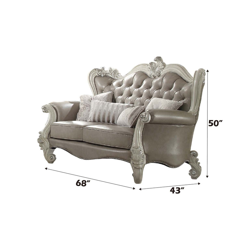 Versailles 68" Loveseat w/4 Pillows, Vintage Gray Faux Leather & Bone White Acme