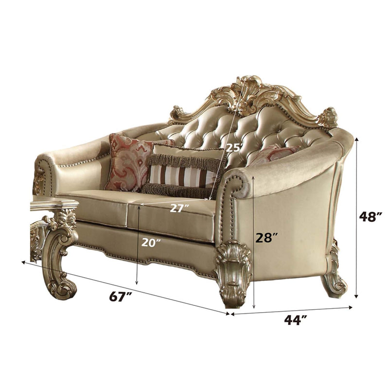 Vendome II 67" Loveseat w/3 Pillows, Bone Faux Leather & Gold Patina Finish Acme