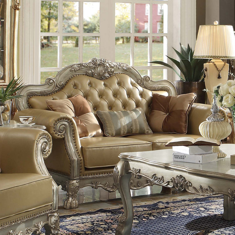 Dresden 64" Loveseat w/3 Pillows, Bone Faux Leather & Gold Patina Finish Acme