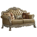Dresden 64" Loveseat w/3 Pillows, Bone Faux Leather & Gold Patina Finish Acme