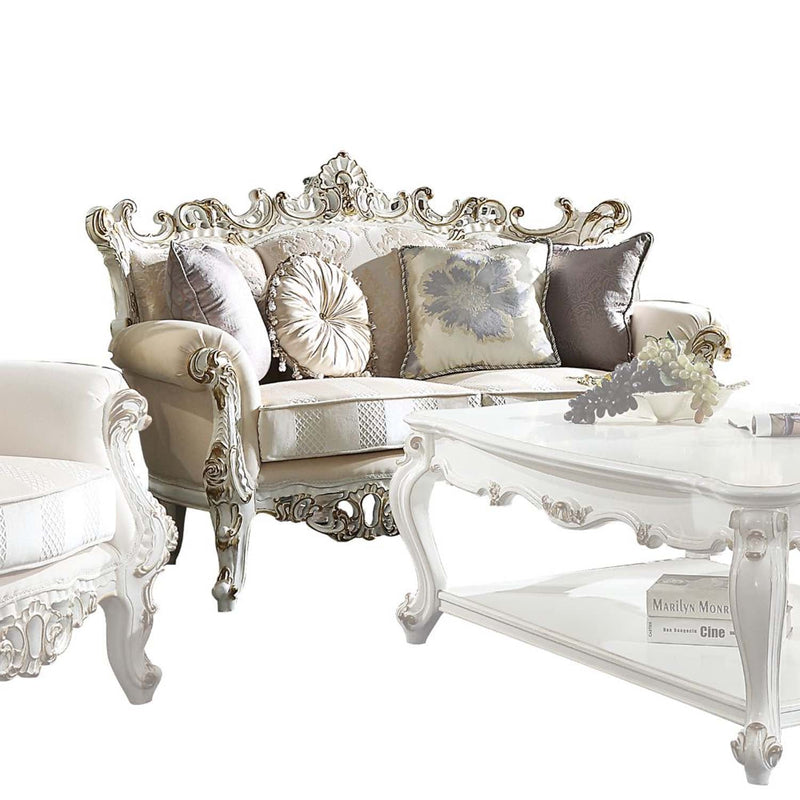 Picardy II 61" Loveseat w/4 Pillows, Fabric & Antique Pearl Finish Acme