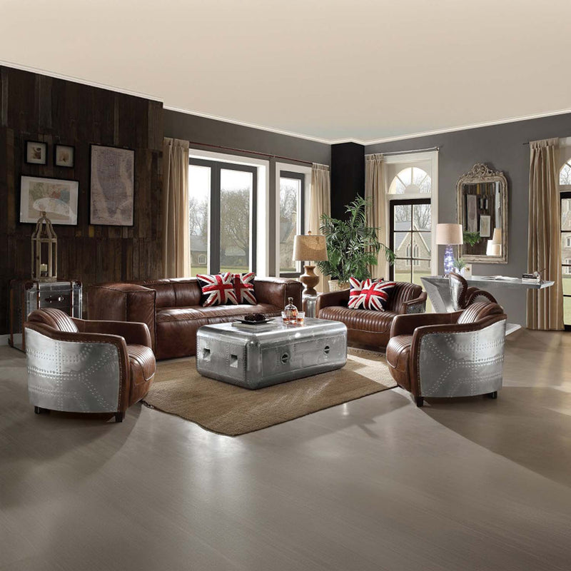 Brancaster 50" Loveseat, Retro Brown Top Grain Leather & Aluminum Acme