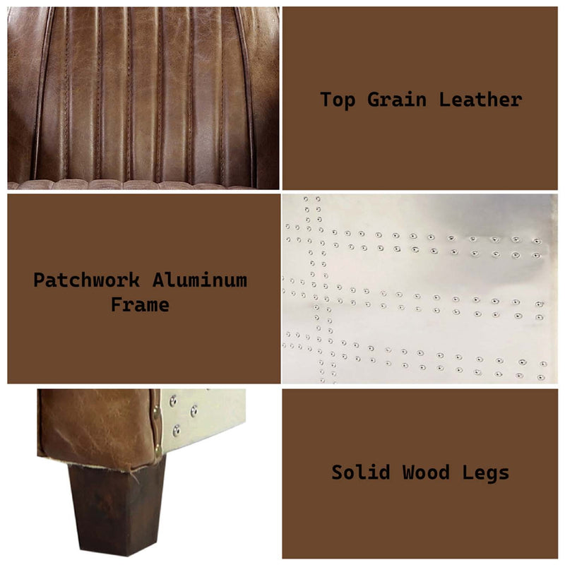 Brancaster 50" Loveseat, Retro Brown Top Grain Leather & Aluminum Acme
