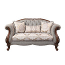 Miyeon 72" Loveseat w/3 Pillows, Fabric & Cherry Finish Acme