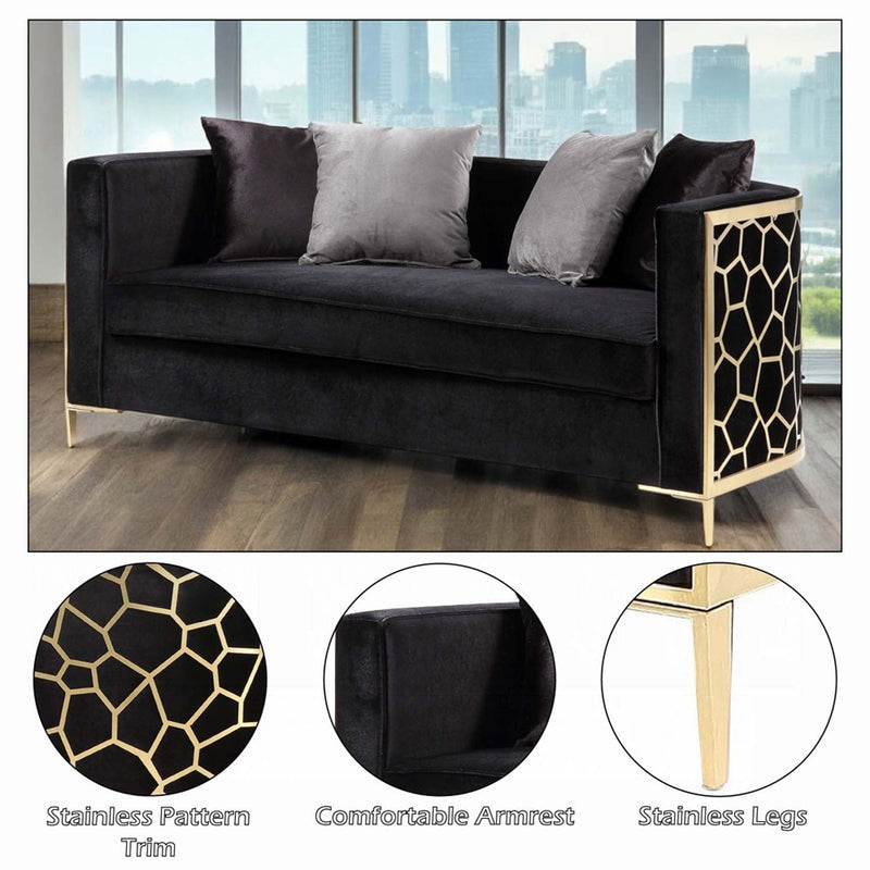 Fergal 70" Loveseat w/4 Pillows, Black Velvet & Gold Finish Acme