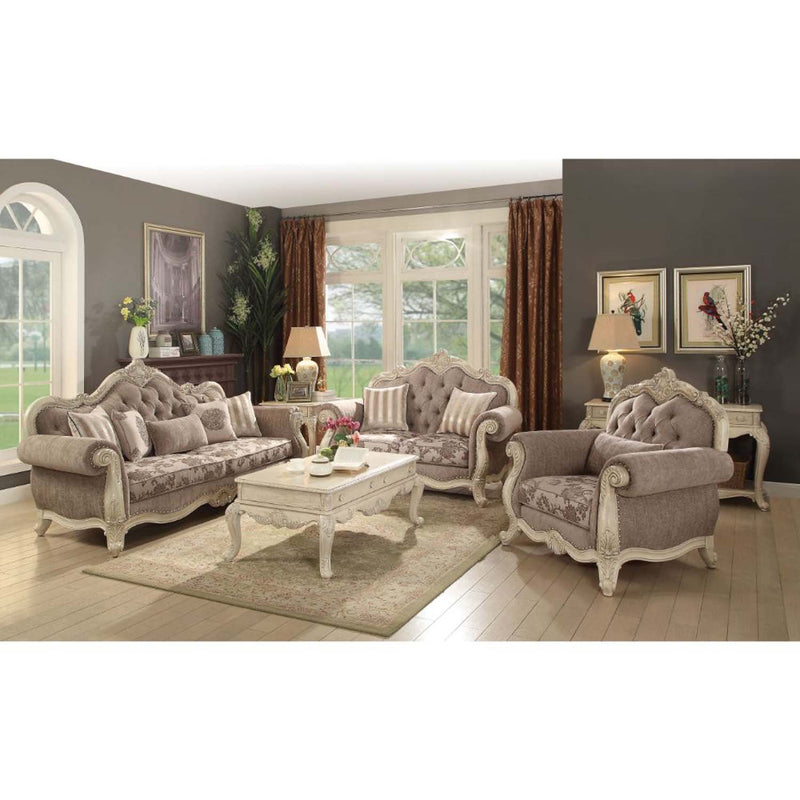 Ragenardus 71" Loveseat w/2 Pillows, Gray Fabric & Antique White Finish Acme