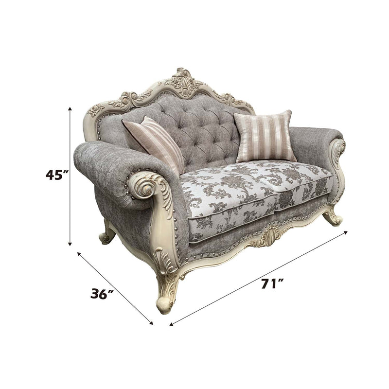 Ragenardus 71" Loveseat w/2 Pillows, Gray Fabric & Antique White Finish Acme