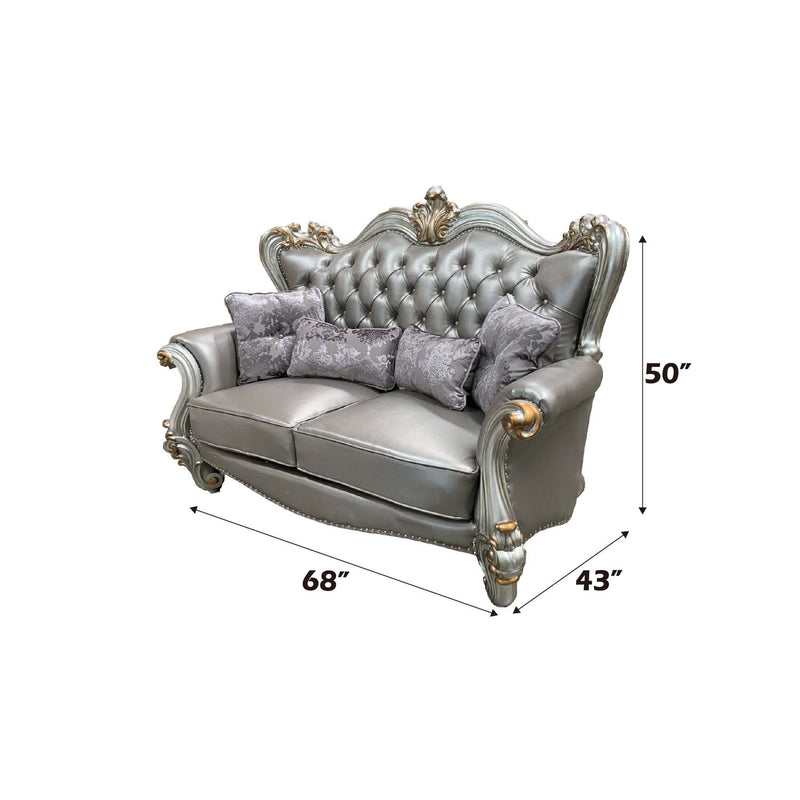 Versailles 68" Loveseat w/4 Pillows, Silver Faux Leather & Antique Platinum Acme