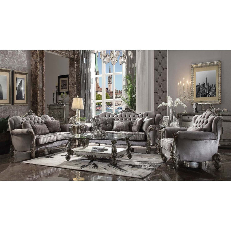 Versailles 69" Loveseat w/3 Pillows, Velvet & Antique Platinum Acme