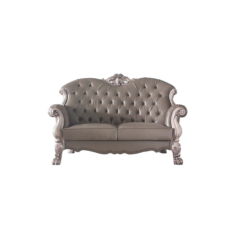 Dresden 71" Loveseat w/3 Pillows, Faux Leather & Vintage Bone White Finish Acme
