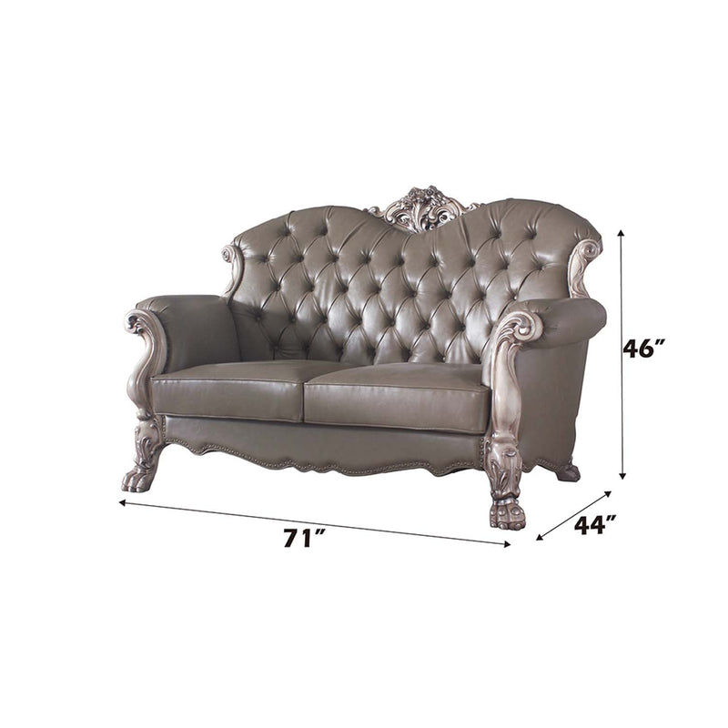 Dresden 71" Loveseat w/3 Pillows, Faux Leather & Vintage Bone White Finish Acme