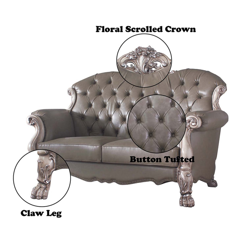 Dresden 71" Loveseat w/3 Pillows, Faux Leather & Vintage Bone White Finish Acme